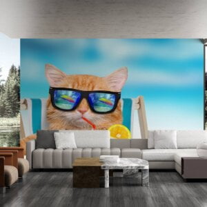 Living room adorned with cat wall mural