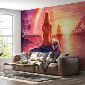 Living room adorned with watercolor mermaid mural
