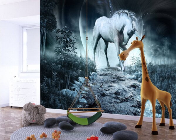 Enchanting moonlit forest with a majestic white unicorn.