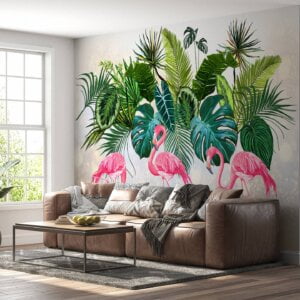 Close-up of detailed flamingo wall paper design
