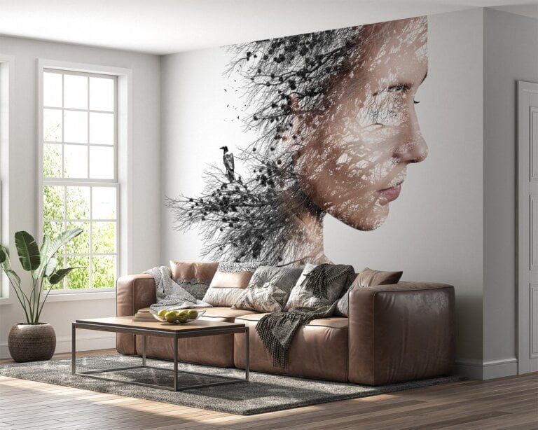 Artistic woman tree design on white background wall mural