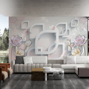 Self-adhesive wallpaper with modern 3D shapes and florals