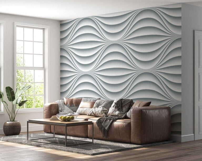 Living room adorned with 3D white waves design