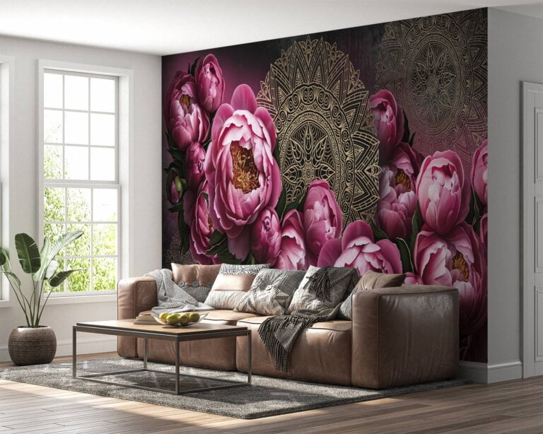 Artistic flower painting design on living room wallpaper.