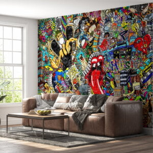 Living room adorned with a vibrant music collage and street artistry