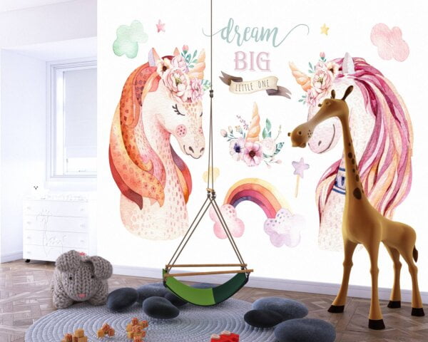 Two vibrant watercolor unicorns with unique charm and details.