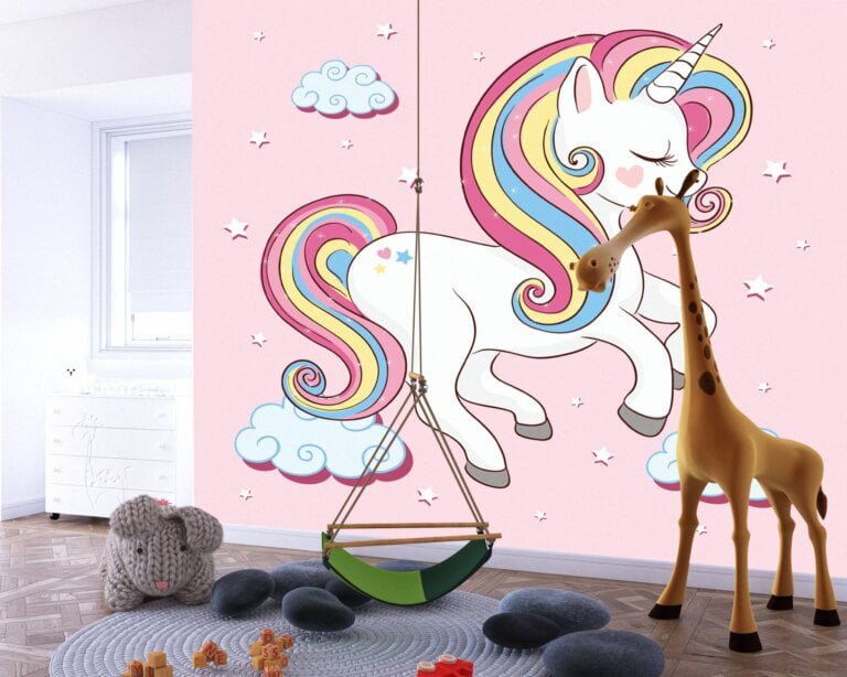 Mesmerizing cartoon unicorn with a flowing rainbow-colored mane against a vibrant pink backdrop.