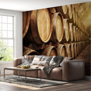 Living room adorned with the charm of old-world barrels