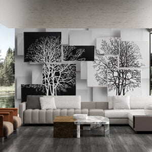 Self-adhesive wallpaper showcasing monochromatic tree art