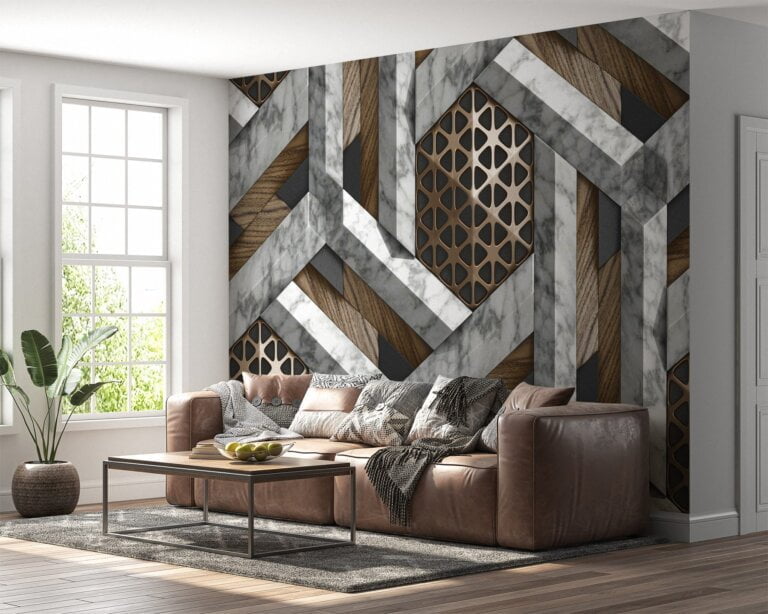 Living room adorned with the elegance of silver & brown abstract shapes