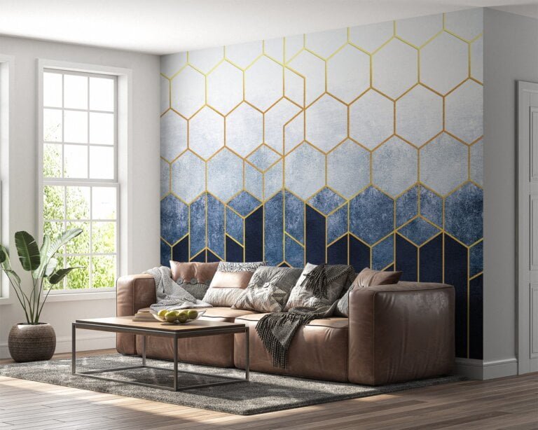 Luxurious abstract tiles in white, blue, and gold wall mural