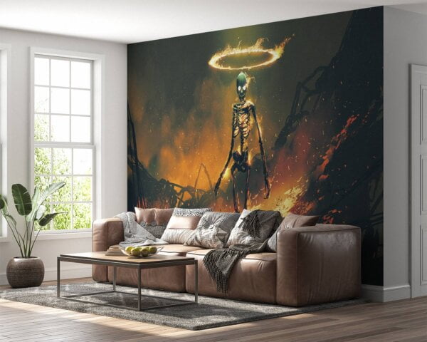 Wallpaper roll showcasing fiery skeleton and sword inferno scene