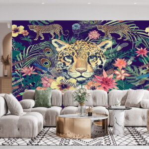 Waterproof mural capturing the beauty of a tiger and blooms