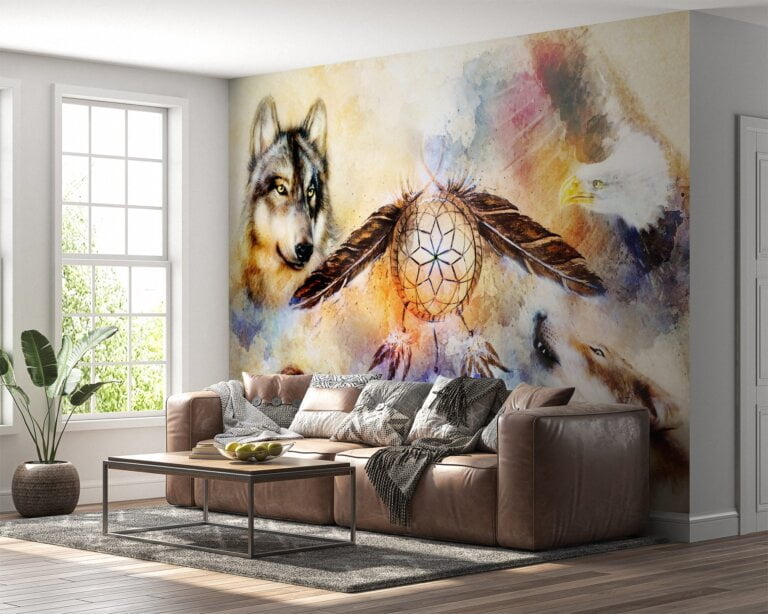 Artistic wall mural featuring a wolf and Indian symbols