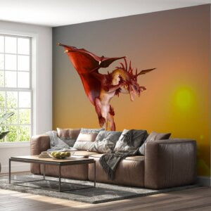 Close-up of red dragon against sunset backdrop on mural