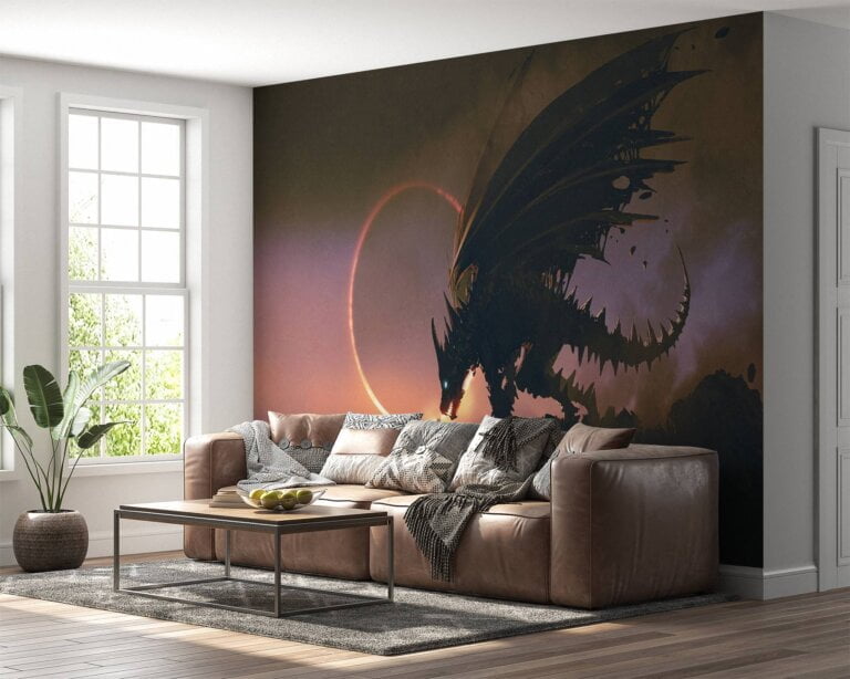 Formidable black dragon set against a dark fantasy backdrop on self-adhesive wallpaper