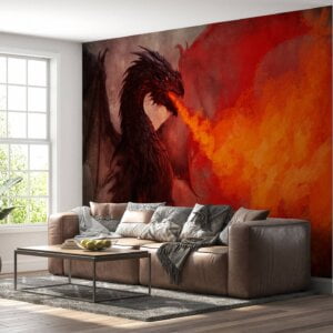 Living room adorned with the might of a black dragon mural