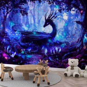 Wallpaper roll showcasing mystical blue dragon forest scene