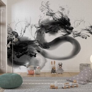 Monochromatic dragon wallpaper as a striking self-adhesive feature for living room decor