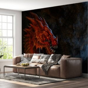 Haunting majestic red dragon guarding skeleton cave design on self-adhesive wallpaper