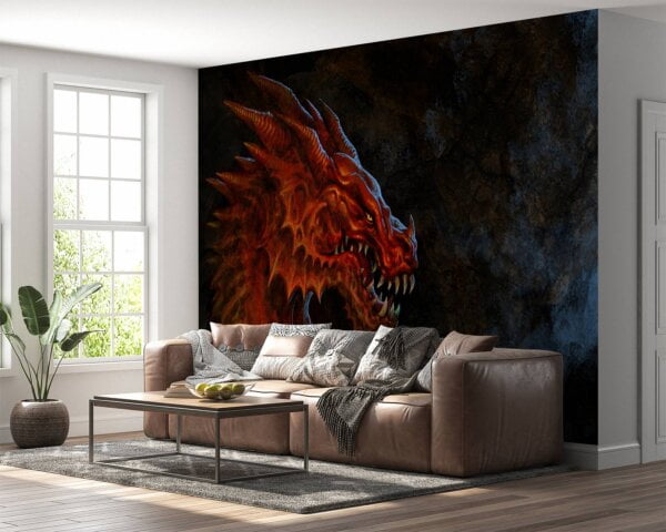 Haunting majestic red dragon guarding skeleton cave design on self-adhesive wallpaper
