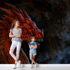 Close-up of red dragon and eerie skeleton-filled cave on mural