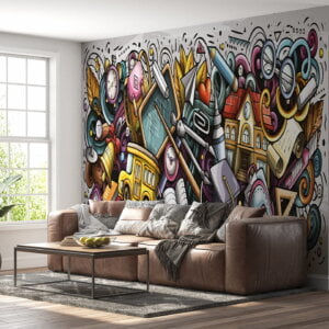 Living room adorned with colorful graffiti symbols