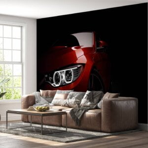 Dynamic red sport car design on self-adhesive mural