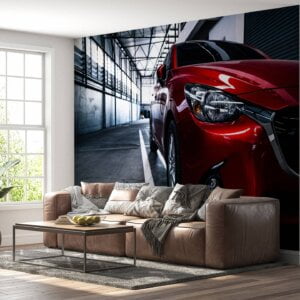 Dynamic red race car design on peel and stick wallpaper