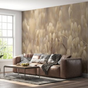 Golden oat field design on living room wallpaper.