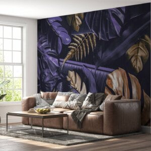 Exotic purple monstera design on office wall mural.