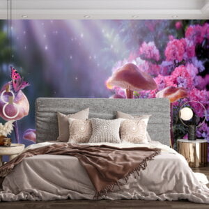 Enchanting fantasy mushrooms design on bedroom wall mural.