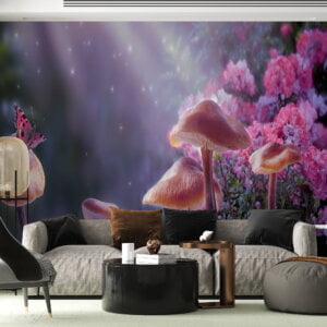 Waterproof bedroom wall mural with whimsical mushroom patterns.