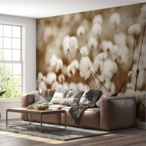 Soft cotton grass design on home wallpaper.