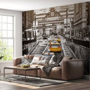 Vibrant view of Grand Central Terminal with yellow taxis on self-adhesive wall mural