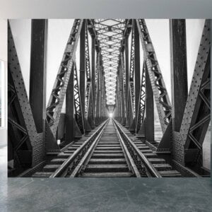 Historic railway bridge spanning a river captured on vinyl mural