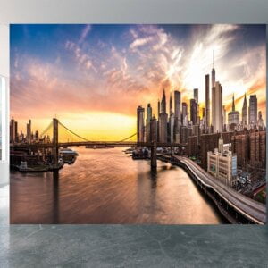 Brooklyn Bridge sunset panorama mural perfect for modern-themed living rooms and home offices