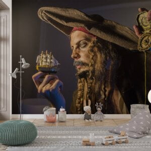 Room transformed with a swashbuckling pirate theme.