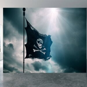 Pirate flag waving alongside a soaring kite on the wallpaper mural.
