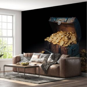 Overflowing treasure chest with golden coins on the wallpaper mural.