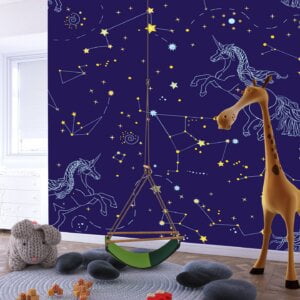 Vibrant and dreamy scene of stars, unicorns, and enchanting illustrations.
