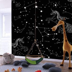 Whimsical unicorn and star pattern against a black background.