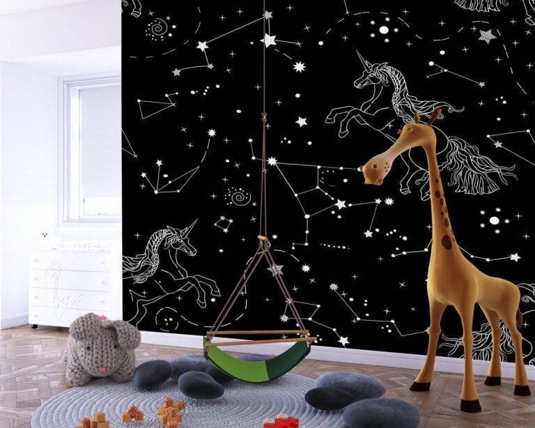Whimsical unicorn and star pattern against a black background.