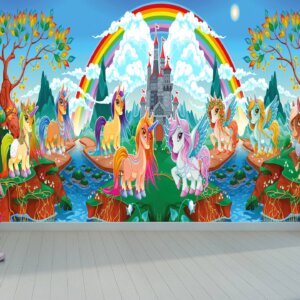 Enchanting scene of a castle, unicorns, and a magical rainbow in a fairytale setting.