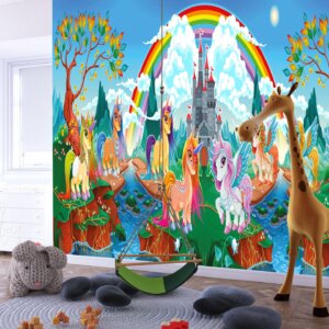Majestic fairytale castle amidst a vibrant landscape with unicorns.