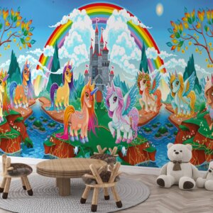 Dreamy landscape with a grand castle, graceful unicorns, and whimsical winged ponies.
