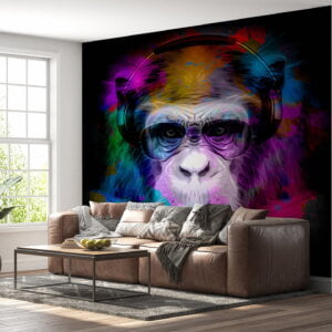 Wall mural showcasing a playful monkey in neon colors