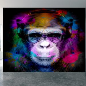 Living room adorned with a neon-colored monkey