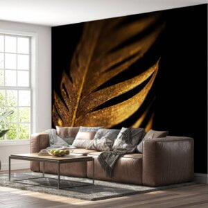 Close-up of detailed Abstract Gold Feather Wall Mural design